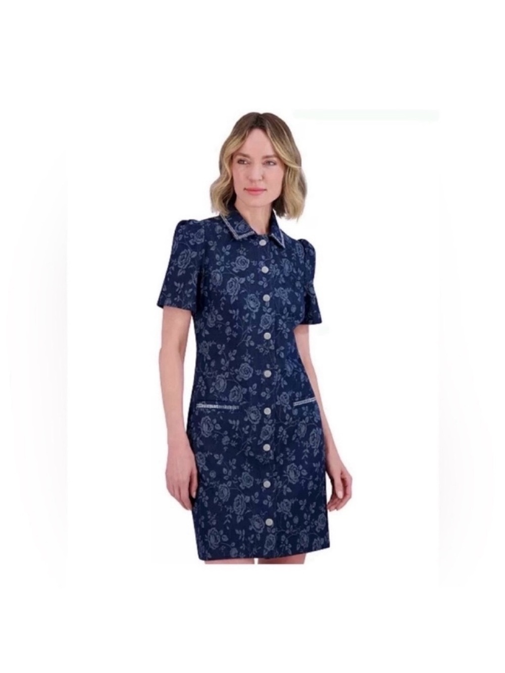 💙 NWT! ELIZA J Embellished Rhinestones Floral Blue Denim Shirtdress - Size 20W